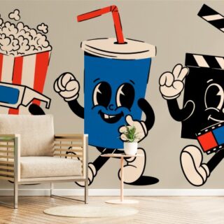 Cartoon Popcorn, Soda drink, Clapperboard Wallpaper Mural