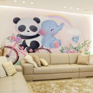 Adorable Cute Panda, Elephant and A Bird Wallpaper Mural