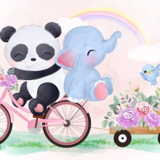 Adorable Cute Panda, Elephant and A Bird Wallpaper Mural