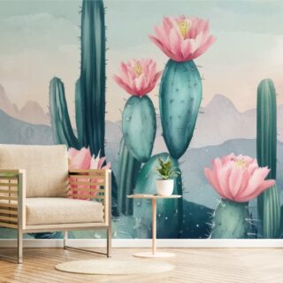 Soft Pastel Colors Cacti Pink Flowers Wallpaper Mural