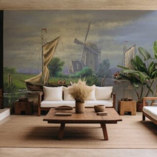 Dutch Windmill in Holland Oil Painting Landscape Wallpaper Mural