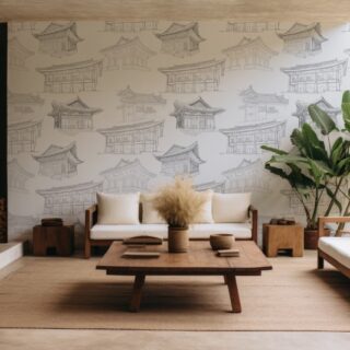 Korean Hanok Houses Sketch Art Wallpaper Mural