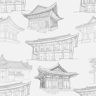 Korean Hanok Houses Sketch Art Wallpaper Mural