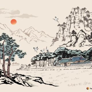 Tranquil Nature Landscape With Sunrise and Hanok Wallpaper Mural