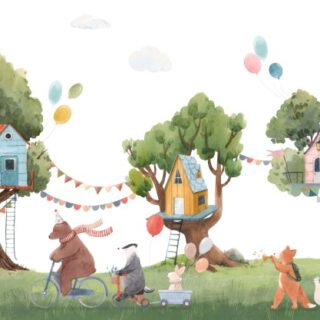 Kids Room Cute Animals and Tree Houses Wallpaper Mural