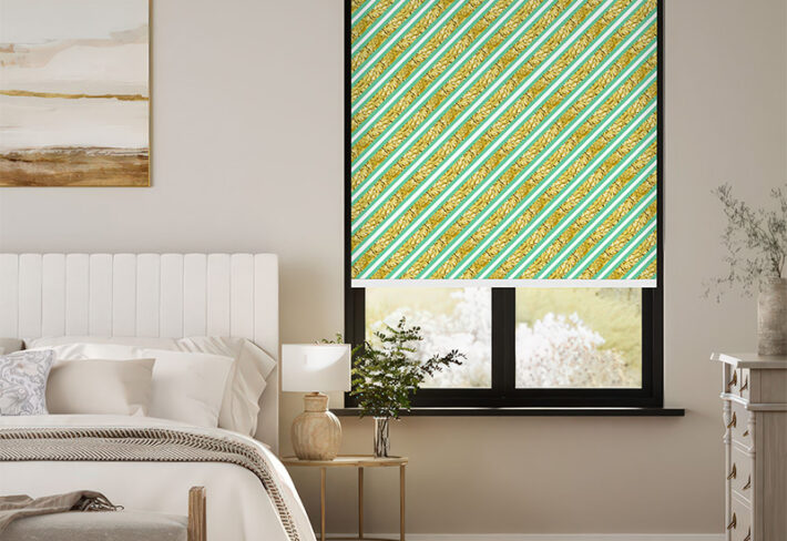 Modern Green-Gold Striped Design Outside Roller Blinds
