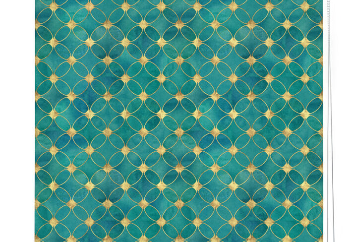 teal and gold geometric pattern roller blinds