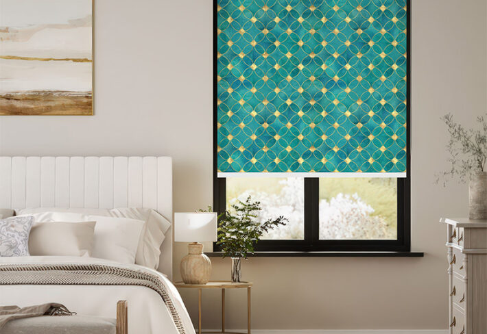 teal and gold geometric pattern outside roller blinds