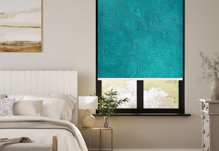 Textured teal outside roller blinds