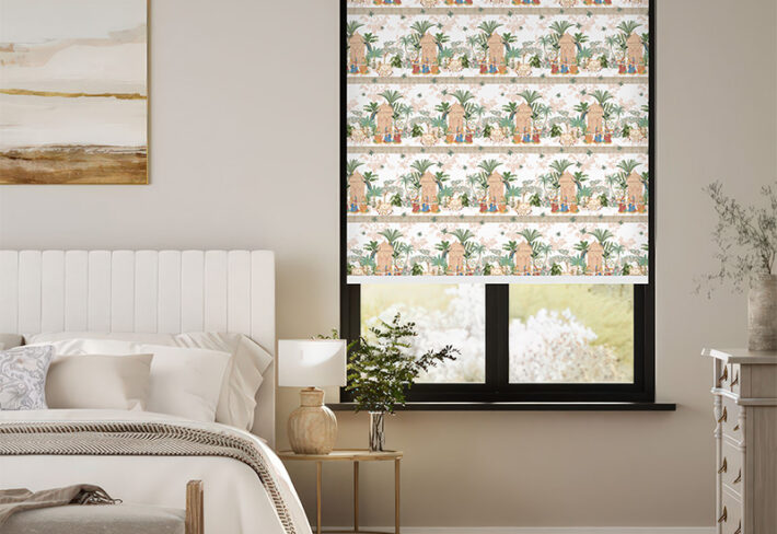 Exotic Palm & Pavilion Pattern Outside Roller Blinds