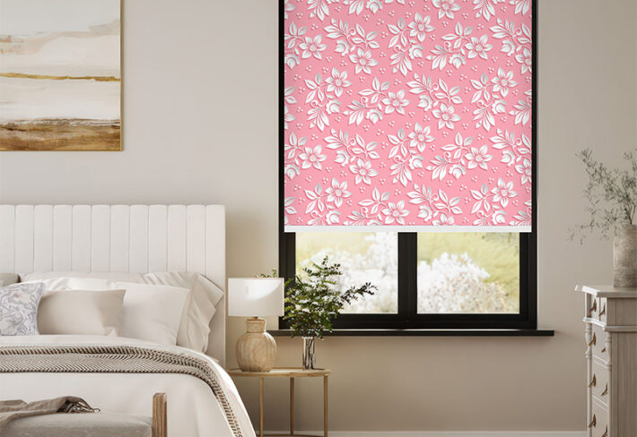 blush pink floral pattern outside roller blind
