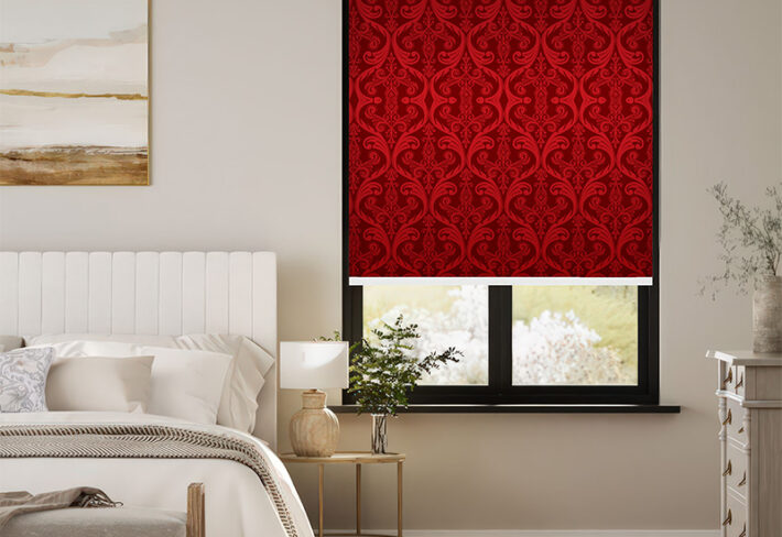 Vibrant Red Damask Window Outside Roller Blind