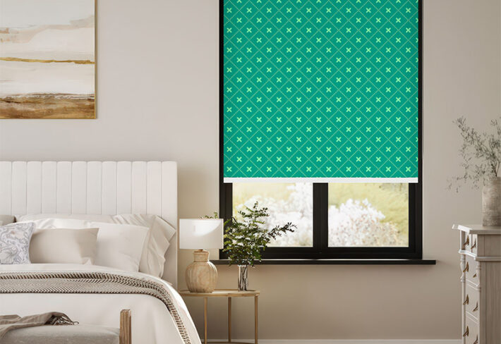 Vibrant Teal Green Geometric Outside Roller Blind