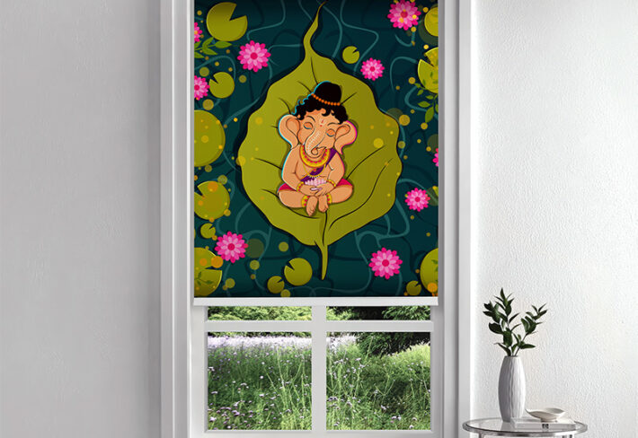 Cute Ganesha on Leaf Puja Room Inside Roller Blind