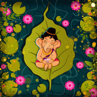 Cute Ganesha on Leaf Puja Room Roller Blind