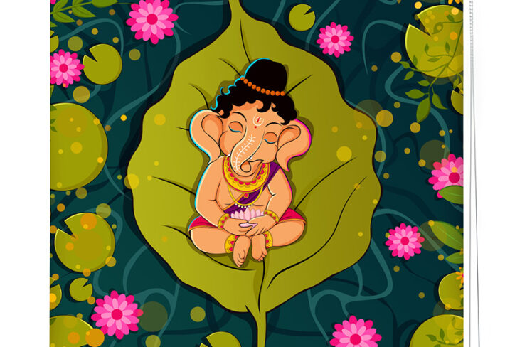 Cute Ganesha on Leaf Puja Room Roller Blind