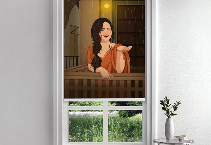 Woman Enjoying Rain Inside Roller Blind
