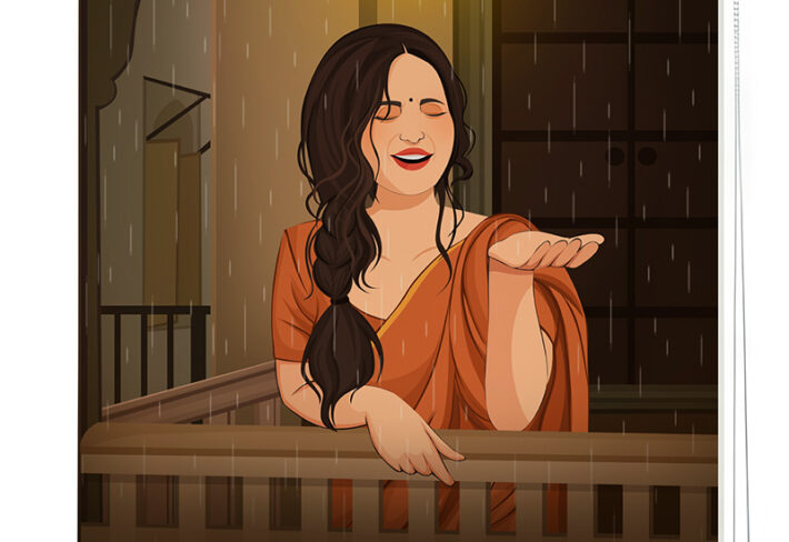 Woman Enjoying Rain Roller Blind
