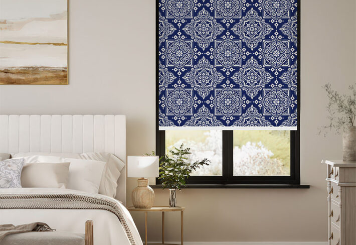 Elegant Navy Patterned Outside Roller Blind