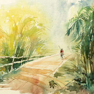 Watercolor Style Village Painting Roller Blind