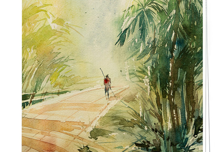 Watercolor Style Village Painting Roller Blind