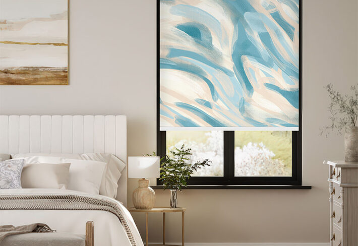 Elegant Abstract Design in Blue & Cream Hues Outside Roller Blind
