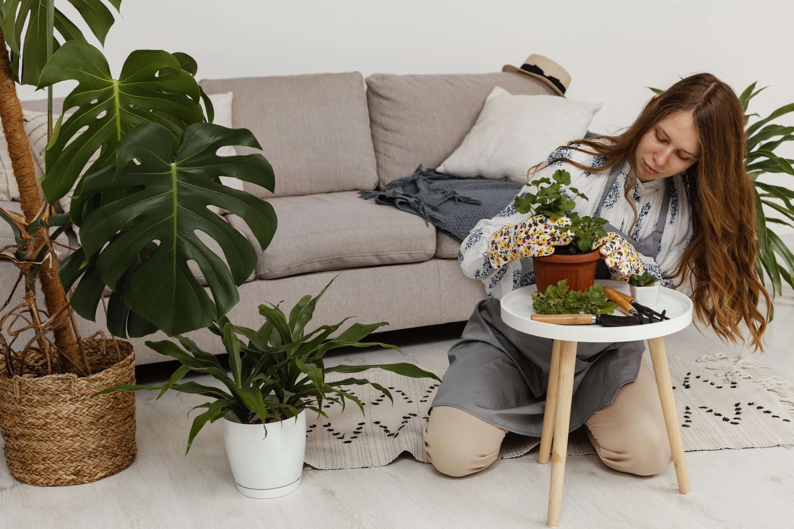 woman-home-with-pot-plant-gardening-tool