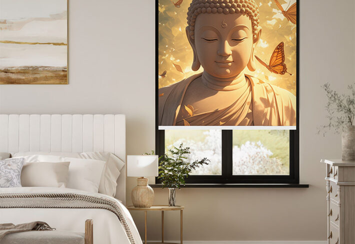 Serene Buddha Statue Outside Roller Blind