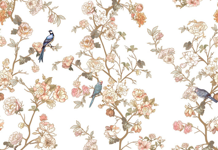 Chidiya, Pastel Chinoiserie Birds Bloom Wallpaper