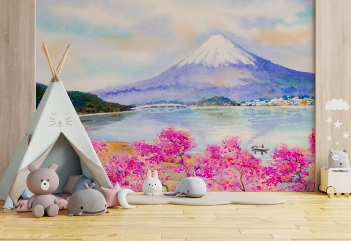 Fujiblush, Watercolor Blossom Landscape Mural