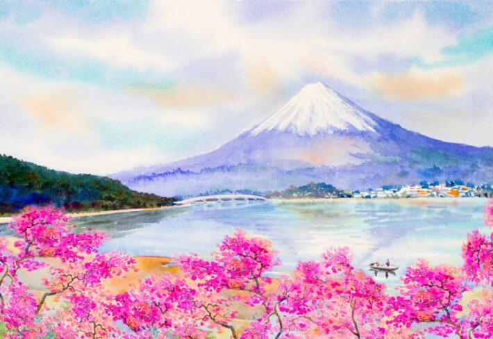 Fujiblush, Watercolor Blossom Landscape Mural