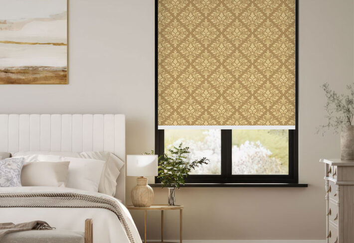 Luxurious Gold & Brown Damask Outside Roller Blind