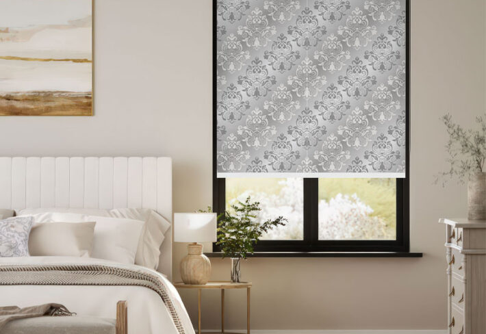 Regal Grey Scroll Design Outside Roller Blind