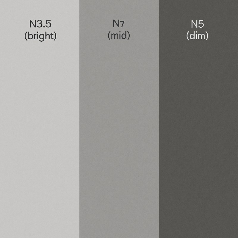 neutral grey shades at three brightness levels N8.5 (bright),N7 (mid), and N5 (dim)