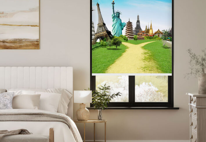 Global Journey Themed Outside Roller Blind