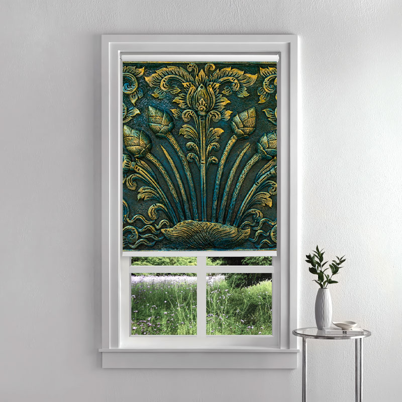 Gold and Teal Floral Carving Inside Roller Blind