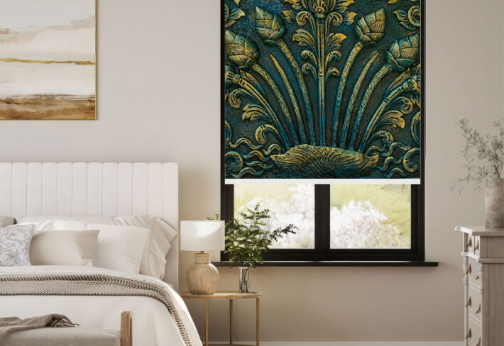 Gold and Teal Floral Carving Outside Roller Blind