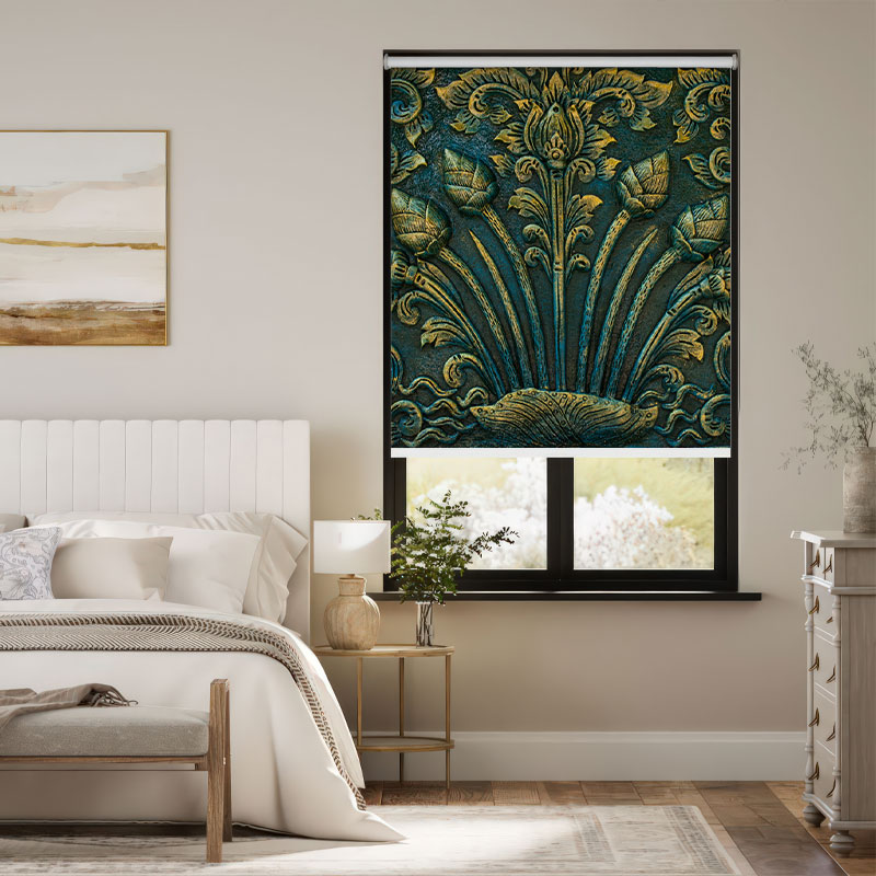 Gold and Teal Floral Carving Outside Roller Blind