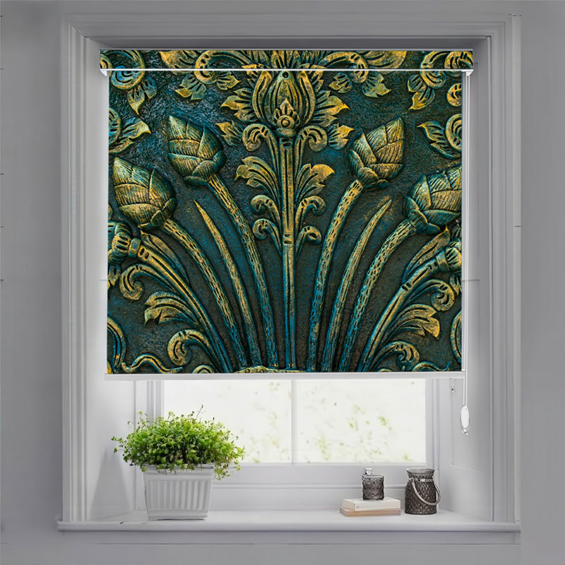 Gold and Teal Floral Carving Pelmet Roller Blind