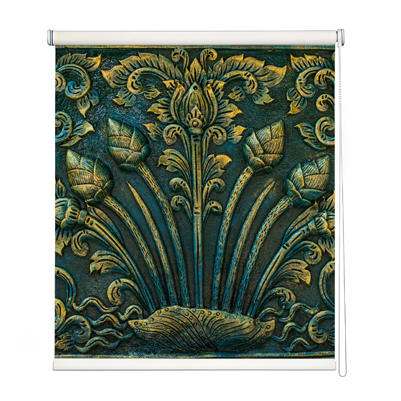 Gold and Teal Floral Carving Roller Blind