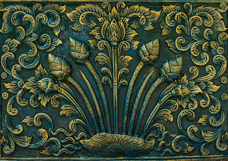 Gold and Teal Floral Carving Roller Blind
