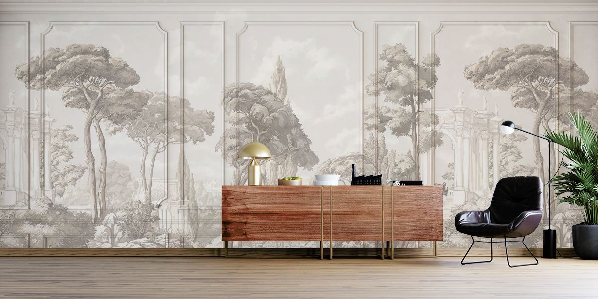 Luxury Sepia Landscape With Fancy Moulding Panels Effect Wallpaper Mural 