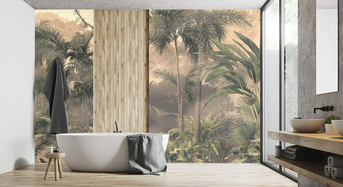 Bathroom Wallpaper – Tropical trees and plants 

