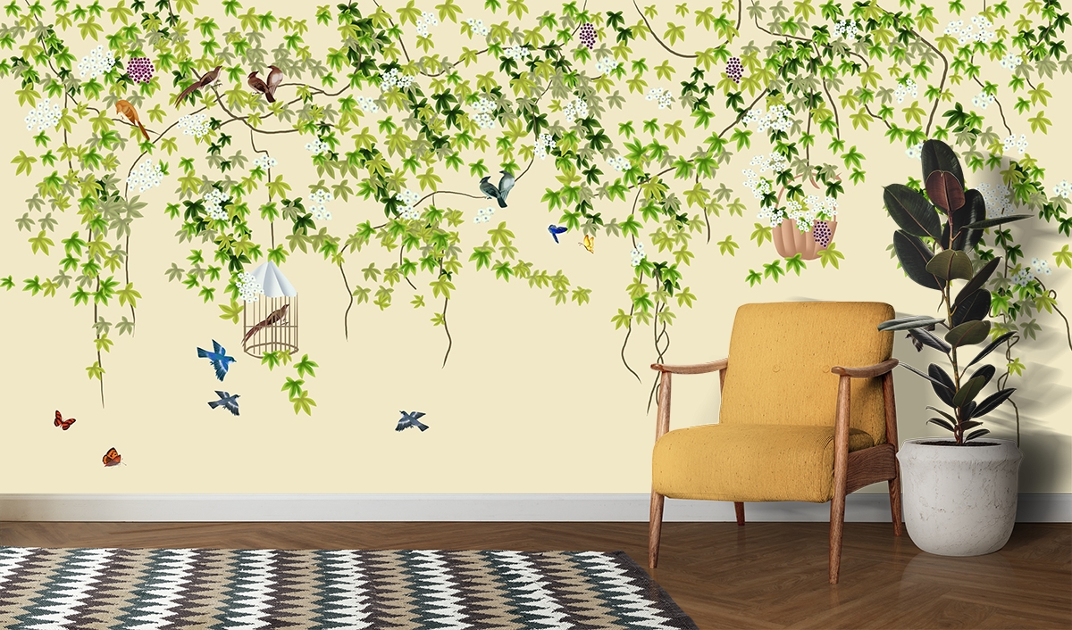 Wall Paper for Balcony, Hanging Leaves, birds and butterflies
