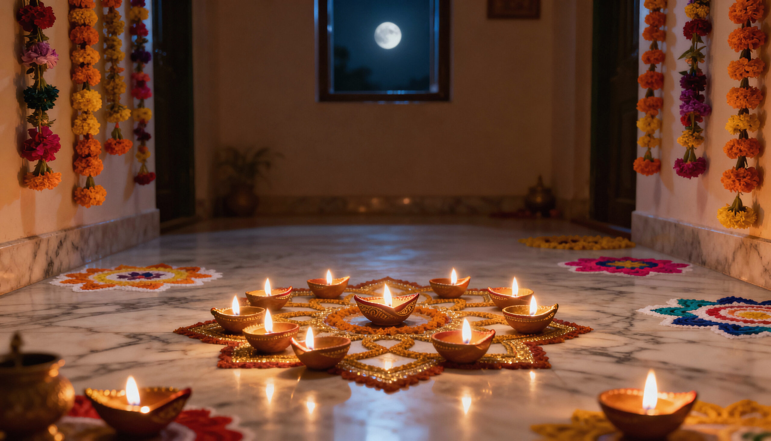 diwali-celebration-with-illuminated-diyas-floral-decorations