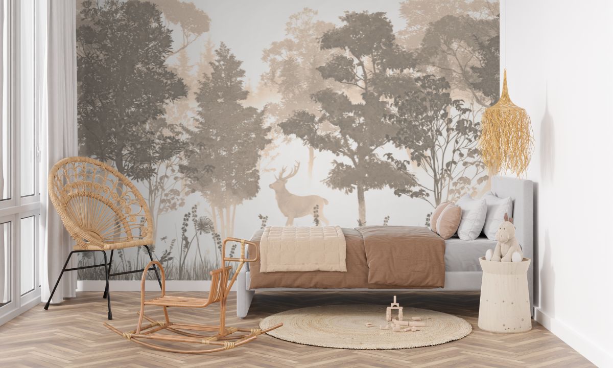 Hariṇa, Beautiful Deer in Foggy Forest Wallpaper Mural