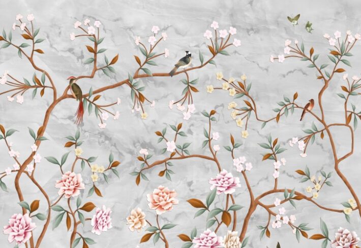 Charulata, Traditional Garden Birds and Floral Vines Wallpaper