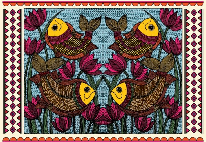 Matsyangi, Traditional Madhubani Fish and Lotus Art Wallpaper