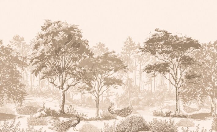 Mor Bagiya, Serene Sepia-toned Wandering Peacocks in Jungle Wallpaper