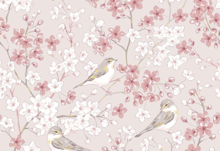 Twittering, Aesthetic Pink Bird and Flower Wallpaper